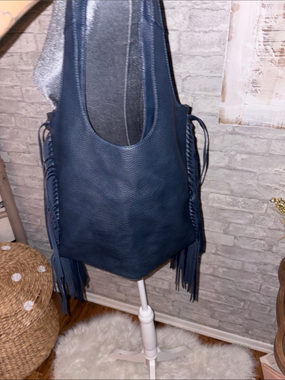 Navy Fringe Leather Tote Shoulder Bag